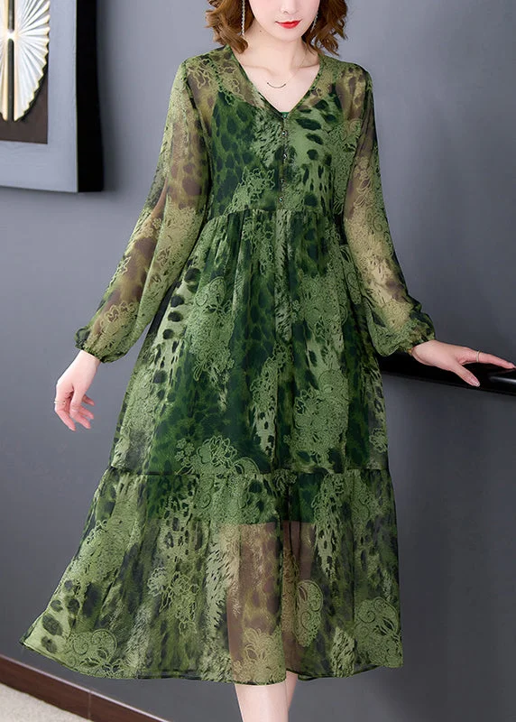 New Styles Just In Women Green V Neck Ruffles Print Chiffon Long Dress Two Piece Set Long Sleeve Feminine Flow