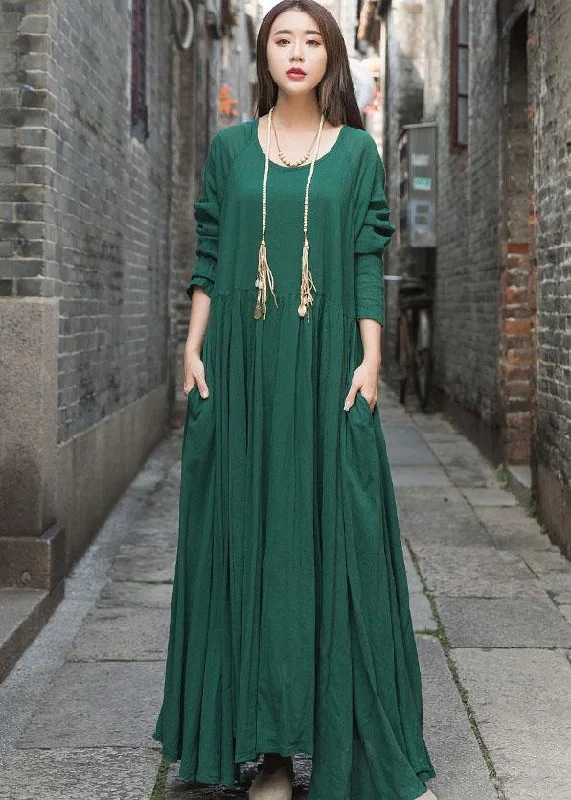 Special Offers Handmade green cotton dresses long sleeve Maxi summer Dresses Refined Look