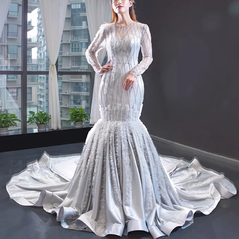 Feminine Style Promotions Long Sleeve Beaded Trumpet Wedding Dress with Keyhole Effortless Style