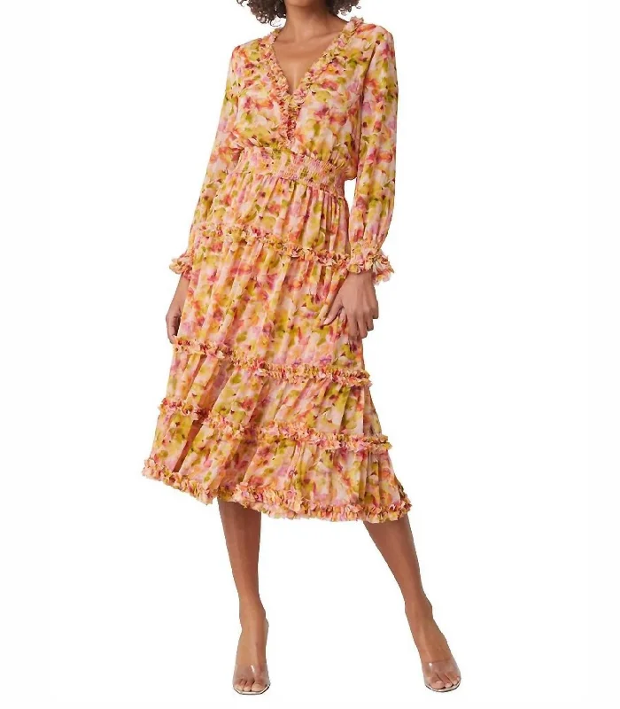 Fashion Sale Nora Midi Dress In Golden Floral Feminine Elegant