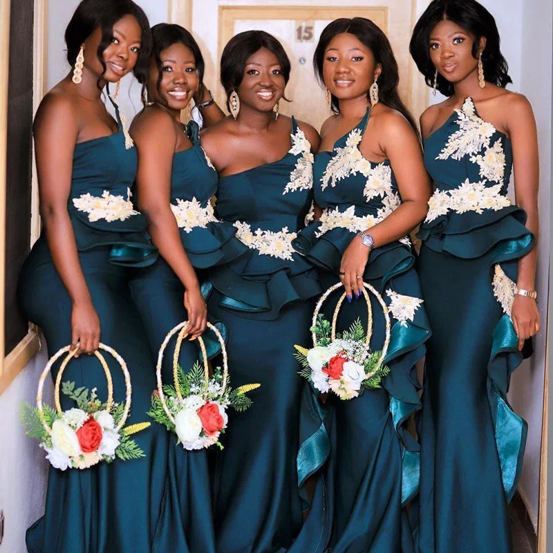 Big Savings Teal Green Strapless Ruffle Ivory Appliques Mermaid Long Bridesmaid Dresses, BD3130 Bold Silhouette