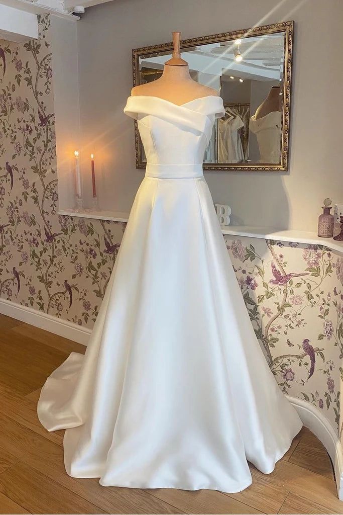 Chic And Edgy A-line Soft Satin Minimalist White Wedding Dresses UK Off the Shoulder Charming Silhouette