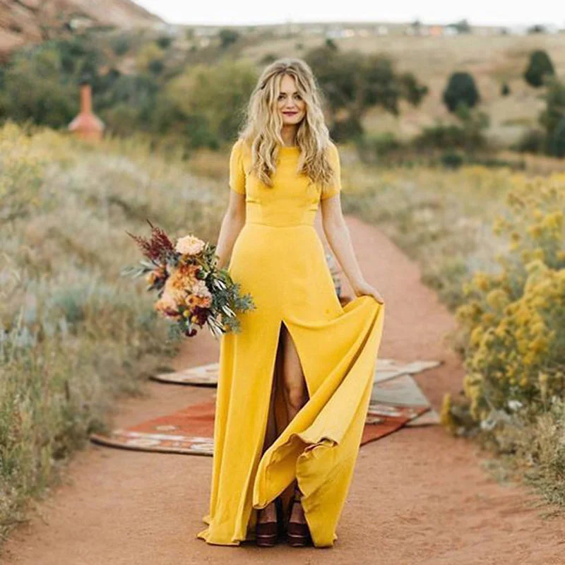 End-Of-Season Clearance Short Sleeves Yellow Backless Long Simple Elegant Bridesmaid Dresses, WD0461 Now On Sale For Chic Urban Styles