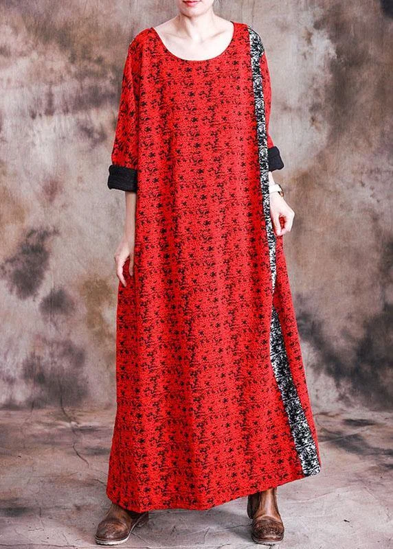 Imeless Style Beautiful red print cotton quilting dresses o neck long sleeve robes fall Dresses Now On Sale For Chic Urban Styles