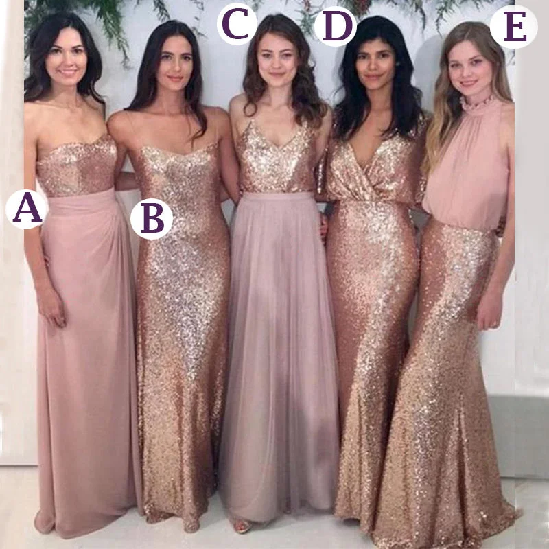 Limited Stock, Big Discounts Champagne Pink Mismatched Sparkly Sequin Floor-length Bridesmaid Dresses, BD3183 Casual Elegance