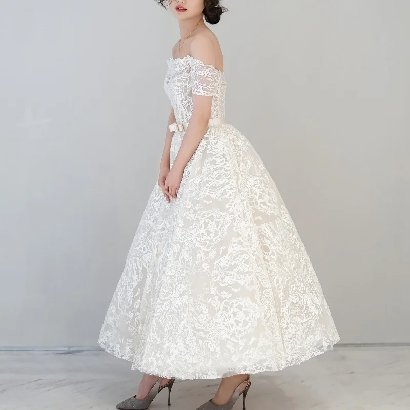 Stay Ahead In Style Off the Shoulder Tea Length Sheer Bodice Lace Wedding Dress Mid - Season Sale