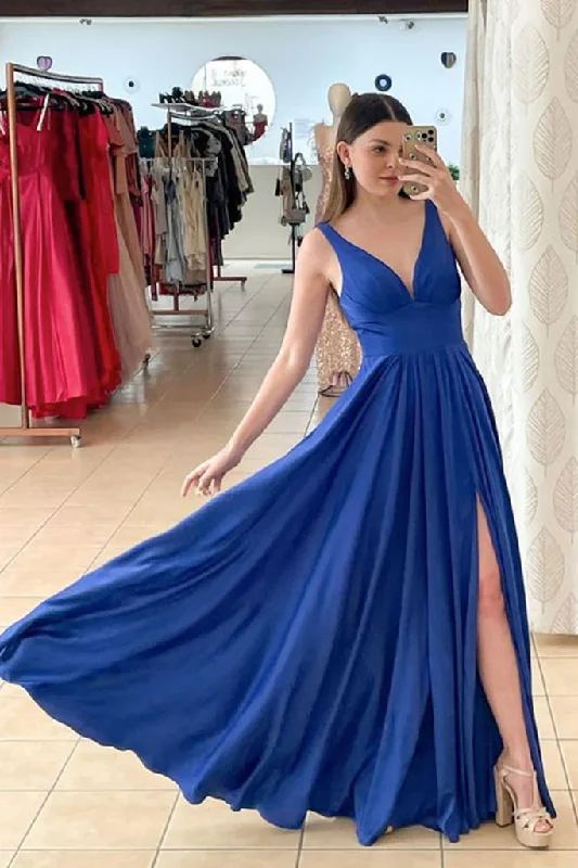 Fashionista Favorites A Line V Neck Royal Blue Satin Long Prom Dress with High Slit, V Neck Royal Blue Formal Graduation Dress Y206 Artful Design