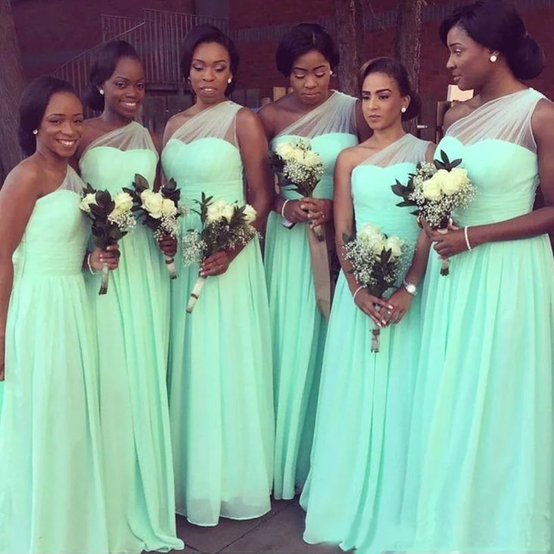 Classic Elegance Sales Mint-green Illusion One-shoulder Sweetheart Chiffon A-line Long Bridesmaid Dress, BD3063 Ethnic Cultural Event Wear