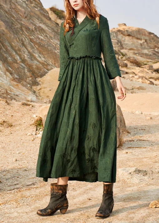 Limited Time Offers 2024 Green Cinched V Neck Ruffled Silk Holiday Dress Long Sleeve Contemporary Chic