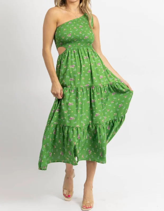 Winter Warehouse Sale One Shoulder Hollow Midi Dress In Green Floral Print Feminine Elegant