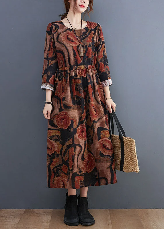 Shop Sales Khaki Pockets Print Cotton Holiday Dress O-Neck Long Sleeve Exquisite Craftsmanship