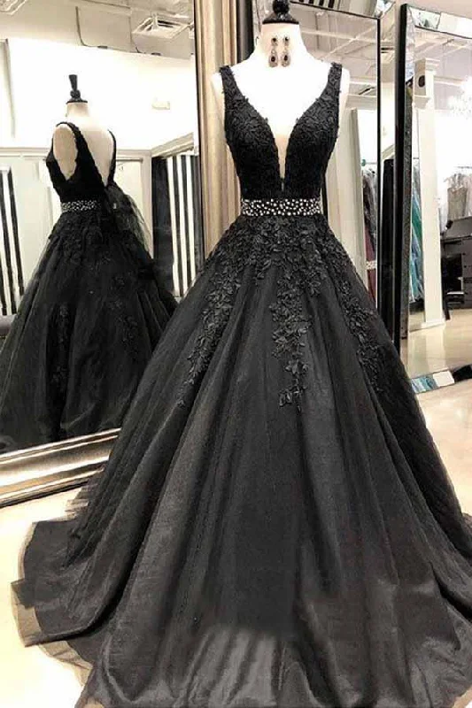 New In This Season Sexy Sleeveless V Neck Lace Beading Black Long Prom Dresses Alluring Design