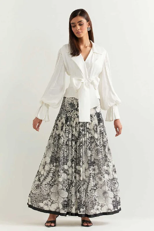 Budget Saver White Satin Top With Black & White Printed Skirt Casual Elegance