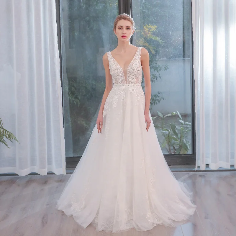 New Styles Just In Plunging Neckline Sparkle Tulle A Line Wedding Dress with Tank Sleeve Graceful Drape