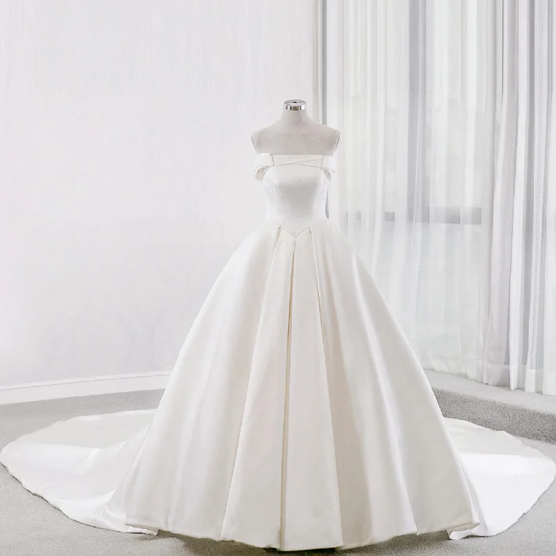 Stylish Savings Off the Shoulder Satin Wedding Dress with Puffy Skirt and Big Train Dreamy Draping