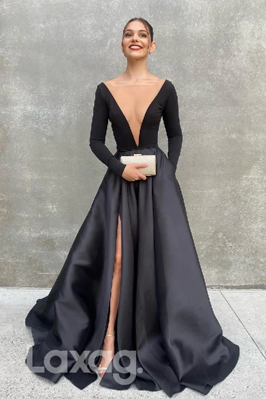 Mega Sale 19798 - Attractive Deep V-Neck Long Sleeves Black Formal Evening Dress with Pokctes Feminine Elegance