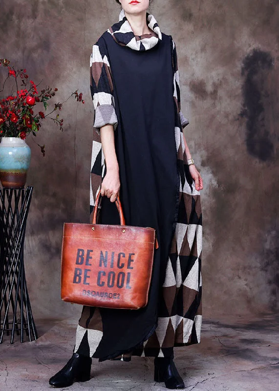 Chic And Edgy Beautiful Turtleneck Plaid Patchwork Fall Long sleeve Dress Minimalist Elegant