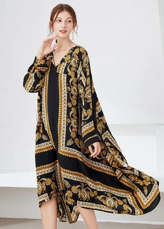 Top Brand Discounts Women Black Yellow Print Loose Asymmetrical Design Fall Holiday Dress Long Sleeve Today Only