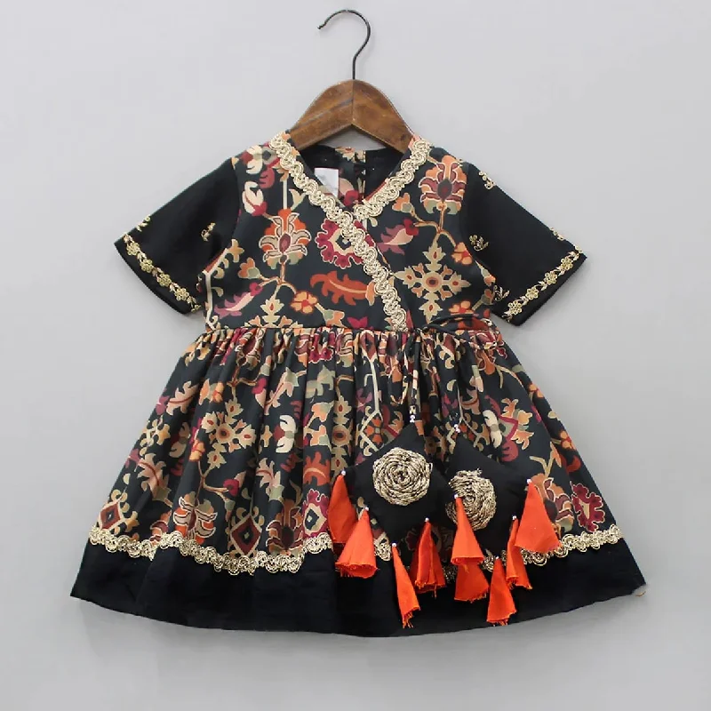 Durable Fashion Picks Pre-Order: Black Ikkat Print Hand Embroidery Gown Elegant Details