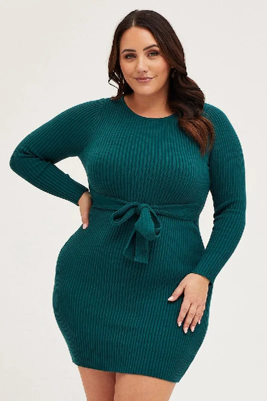 Save Big Green Bodycon Dress Long Sleeve Knit Waist Tie Cottagecore Rustic Charm Style