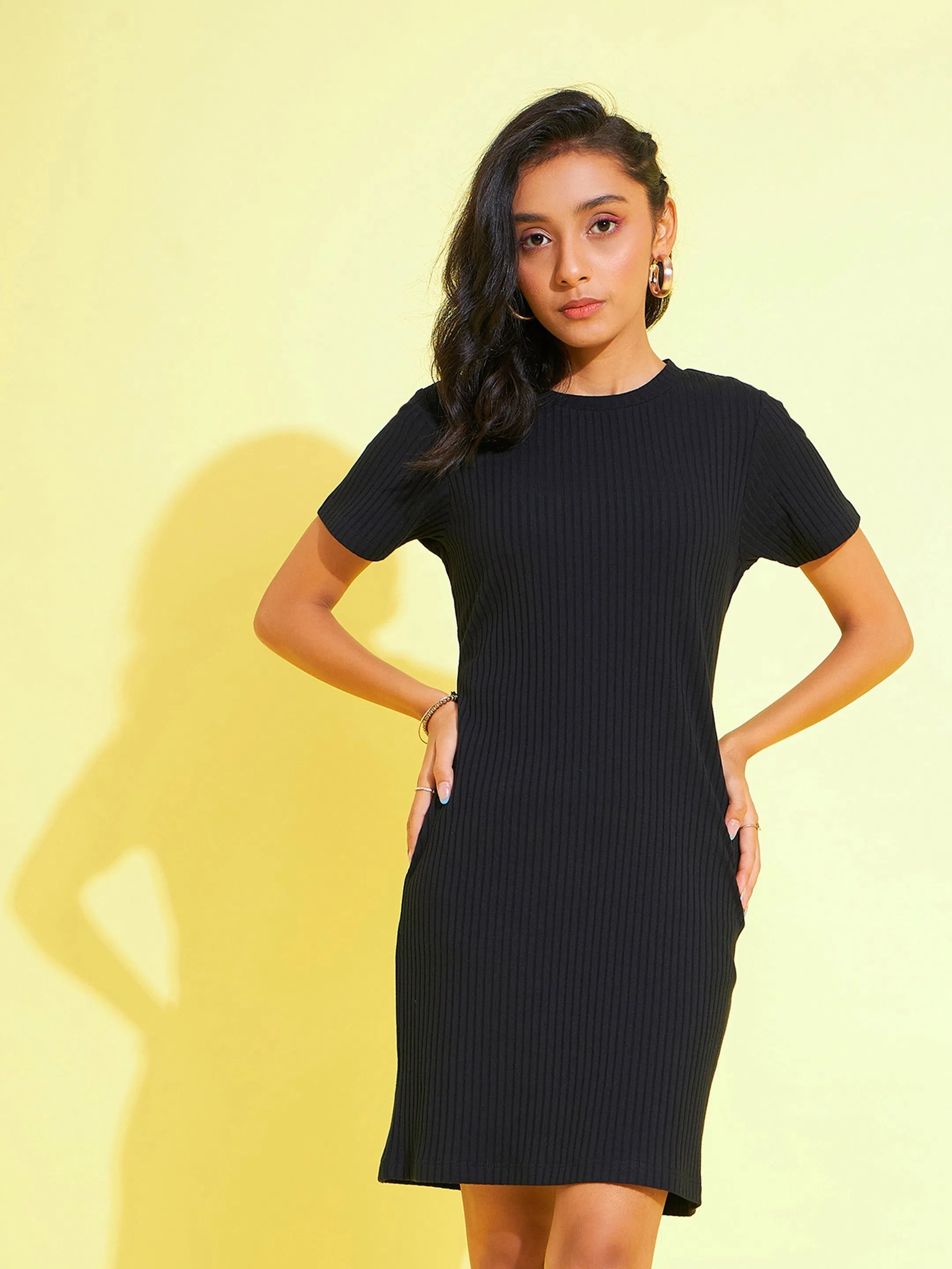 Fresh Styles, Fresh Deals Girls Black Rib Round Neck Bodycon Dress Seasonal Trend