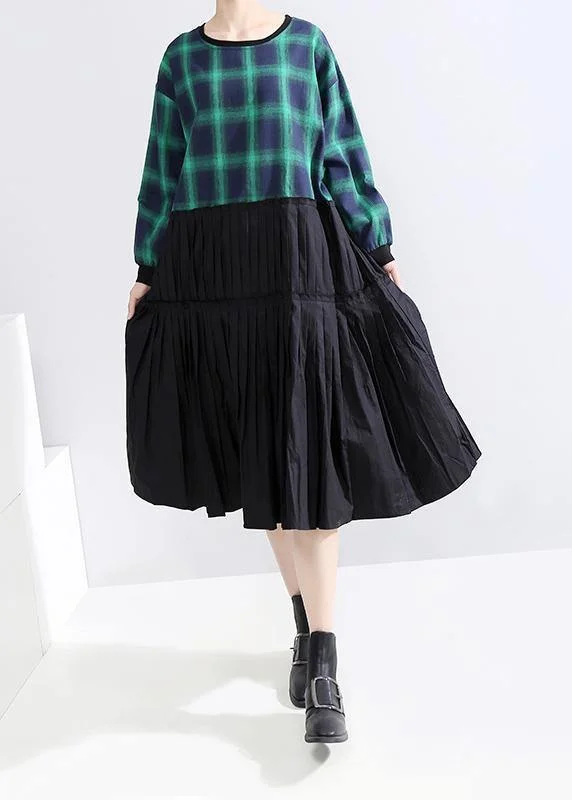 Relaxed Style Classy long sleeve cotton clothes Photography green plaid patchwork Plus Size Dresses Great Deals On Ethnic Cultural Wear