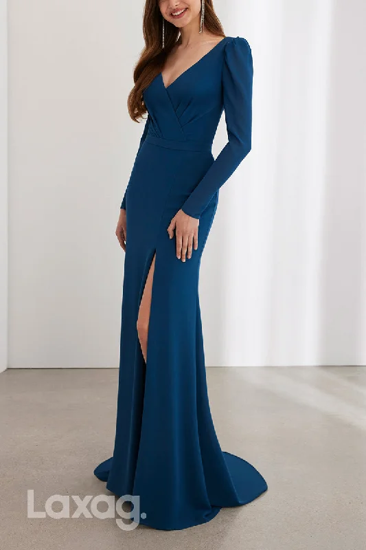 Latest Fashion 22956 - V-Neck Long Sleeves Cocktail Party Formal Evening Dress with Slit and Train Hollywood Glam Award - Show Style