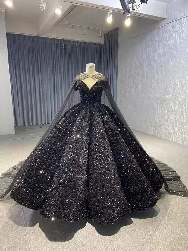 Explore What'S New Sparkly Sequin Black Wedding Dress with Cape Off Shoulder Puffy Ball Gowns Exquisite Craftsmanship