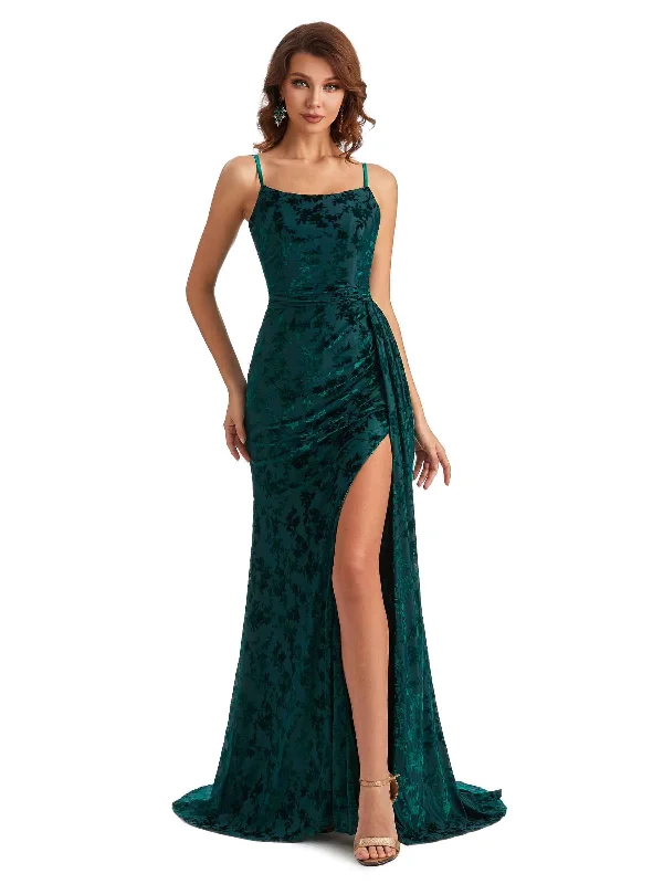 The Latest Trends Sexy Side Slit Spaghetti Straps Mermaid Floral Velvet Long Wedding Guest Dresses Subtle Sophistication