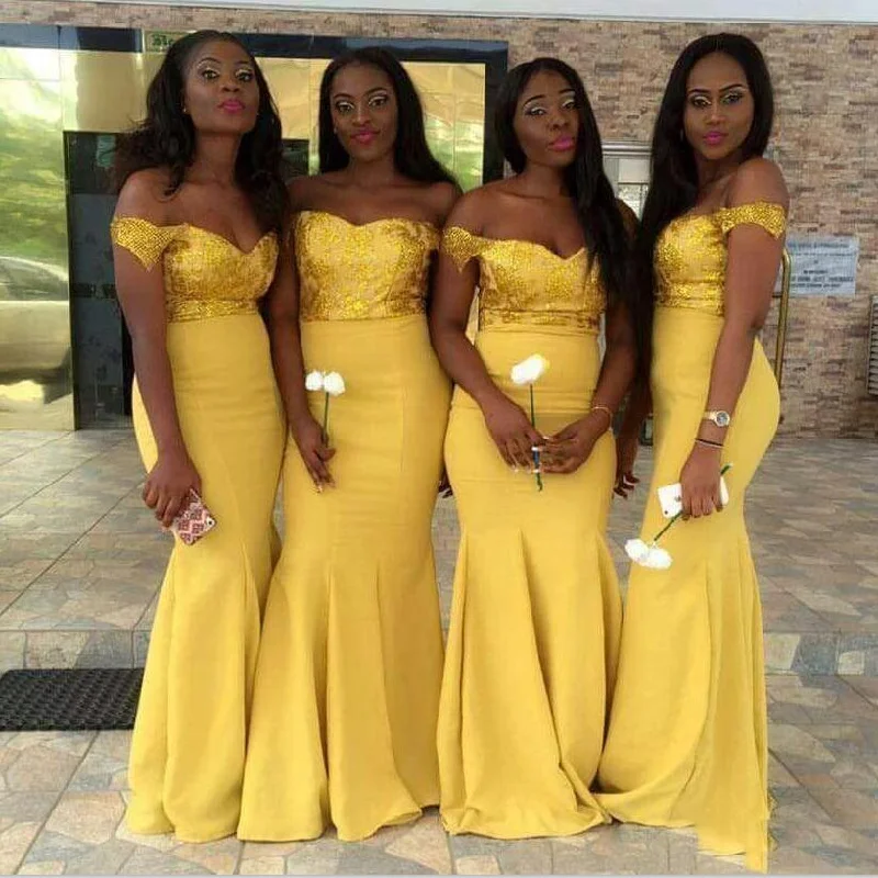 Absurdly Cheap Sale Off Shoulder Mermaid Yellow Long Formal Modest Cheap Bridesmaid Dresses Online, WG291 Seasonal Trend