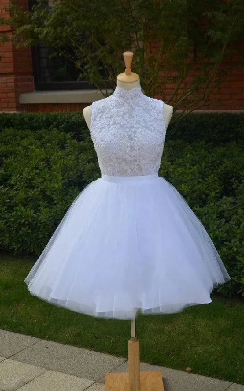 Special Offers, Don't Miss Knee-Length Lace Wedding Dress High neck Tulle Beading Dreamy Aesthetic