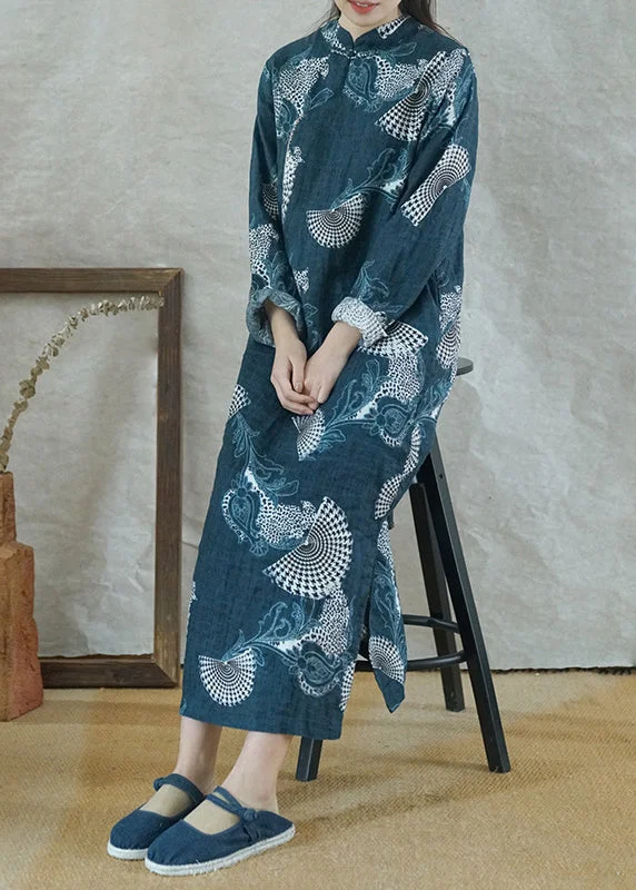 Massive Savings Vintage Blue Mandarin Collar side open Print Linen Long Dress Long Sleeve Casual Weekend Relaxed Style