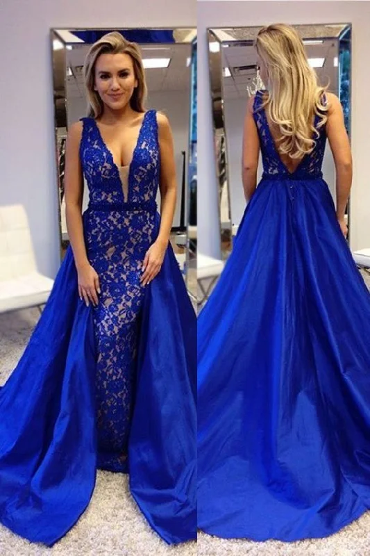 Affordable Luxury Fashion Plunging V-neck Royal Blue Lace Prom Dresses with Satin Skirt  S25172 Effortless Sophistication