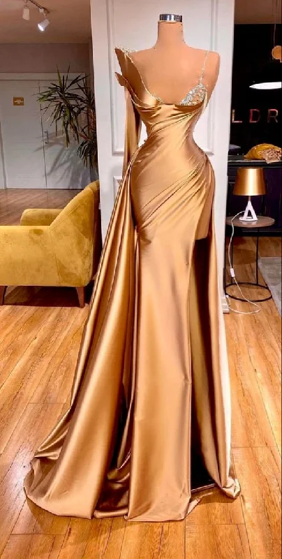 Cozy Chic Promotions Womens Satin Mermaid Evening Dress Gold Crystal One Shoulder Prom Dress Custom Made Y63 Minimalist Chic