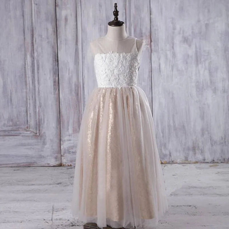 Elevated Casual Discounts Illusion Ivory Lace Tulle Flower Girl Dresses With Gold Sequin Skirt, Cheap Junior Bridesmaid Dresses, FG060 Disco - Inspired Retro Dance Look