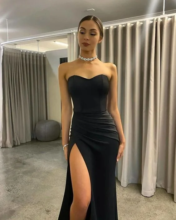 Trend Forward Threads Glamorous Mermaid Sweetheart Black Satin Long Prom Dresses Sexy Evening Party Dresses with Side Slit Y1013 Romantic Date - Night Ensemble