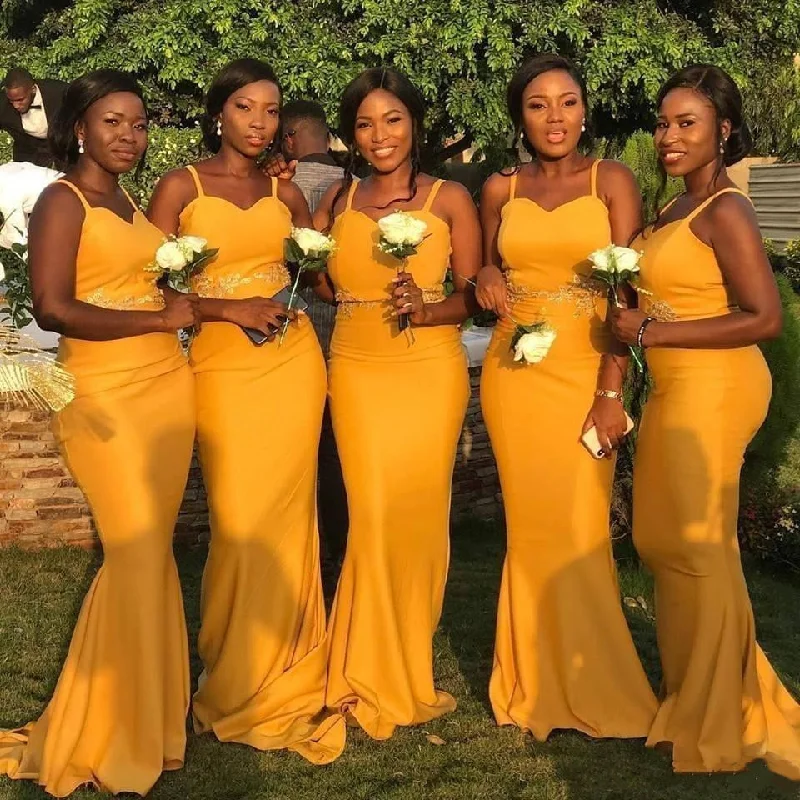 Season Sale Mustard Yellow Spagheti Strap Mermaid Formal Long Bridesmaid Dresses, WG930 Elegant Details