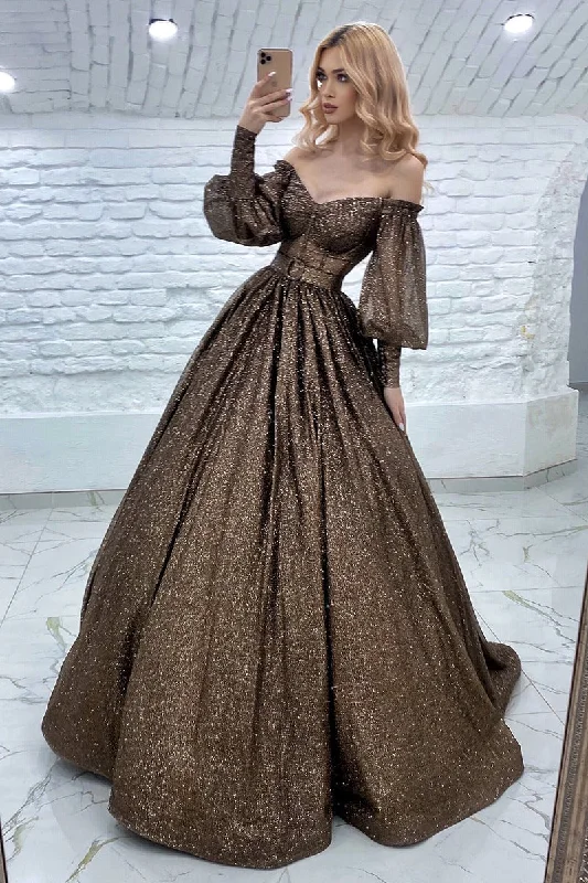 Unbeatable Deals 14718 - Off Shoulder Glitter Long Sleeves Bone Bodice Prom Evening Dress Chic Urban Fashion Look