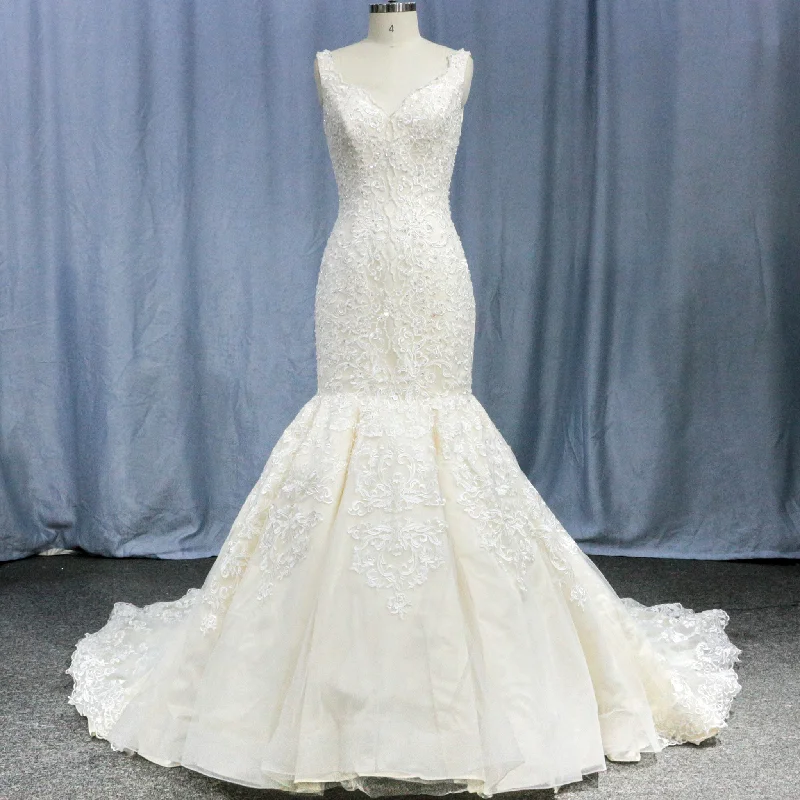 Clearance Event Trumpet V-neck Lace Applique with Beading Wedding Dress Luxury Comfort