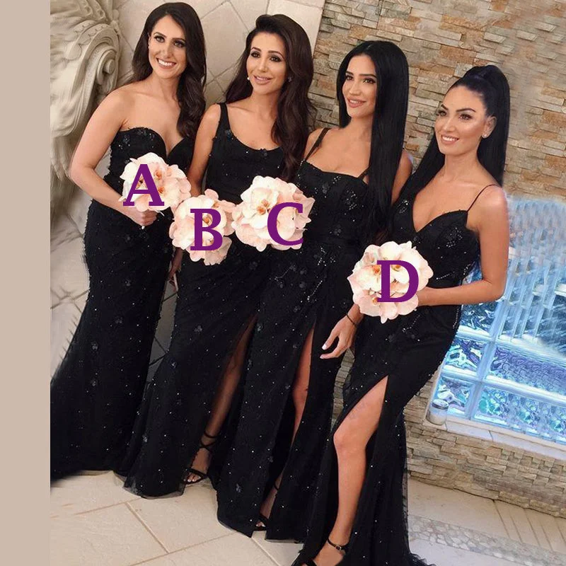 Fashion Frontiers Sexy Black Mismatched Beads Lace Side-slit Mermaid Floor-length Bridesmaid Dresses, BD3175 Classic Timeless Elegant Style