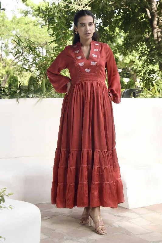 Discover Promotions Persian Red Hand Embroidered Satin Dress Effortless Comfort