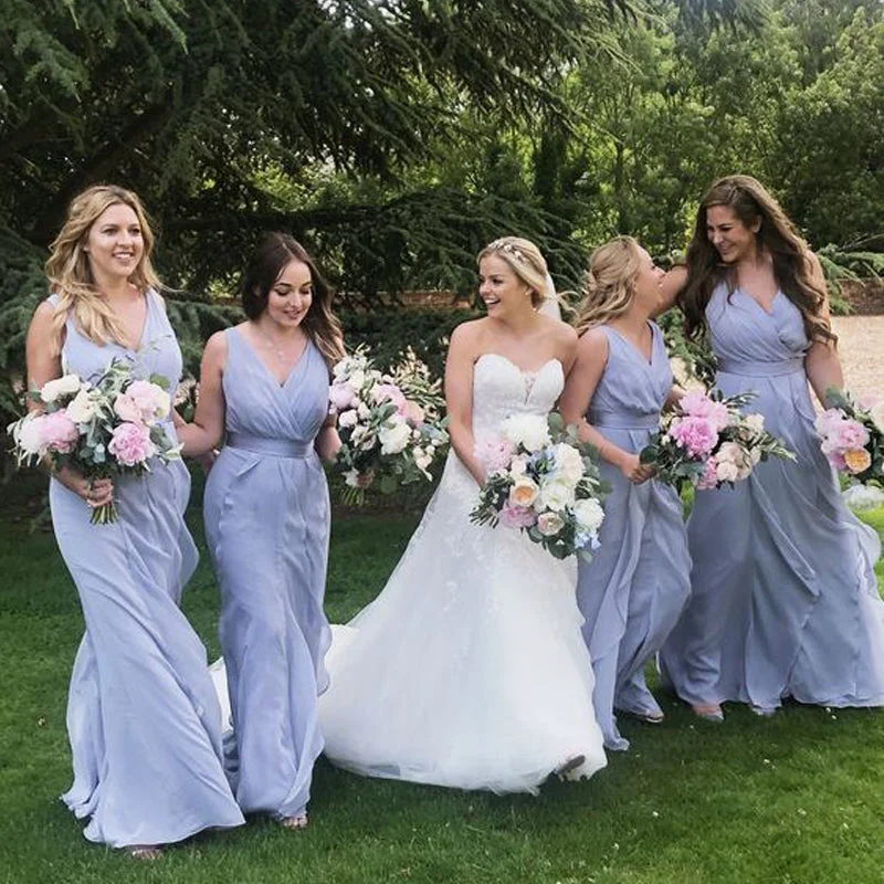 Save Big Elegant Greek Baby Blue Grey Blue V-neck Chiffon Long Bridesmaid Dress, BD3089 Everyday Glamour