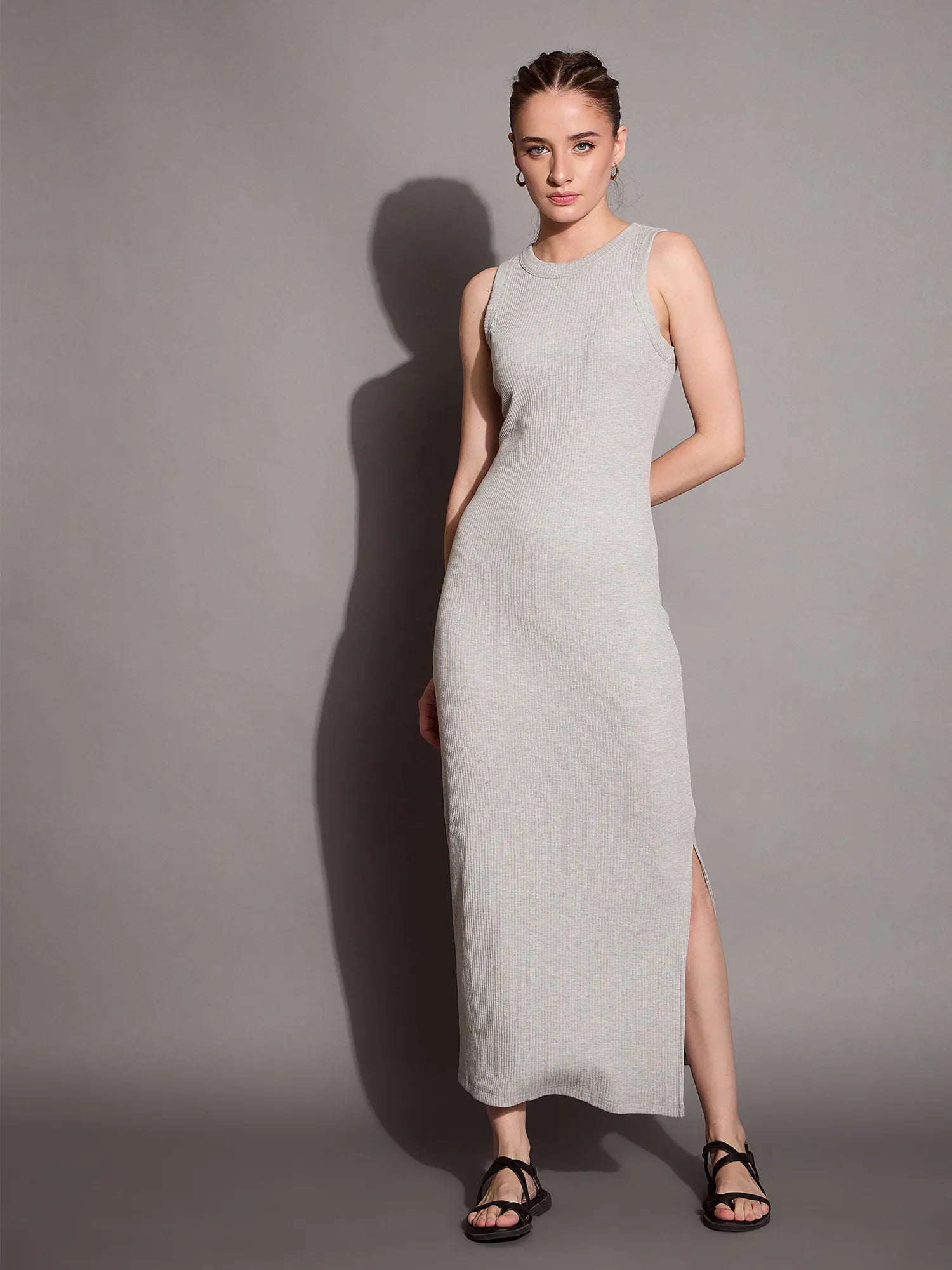 Chic Style, Always In Vogue Women Grey Melange Ribbed Sleeveless Bodycon Maxi Dress-SFDRSS12405 Floral Style