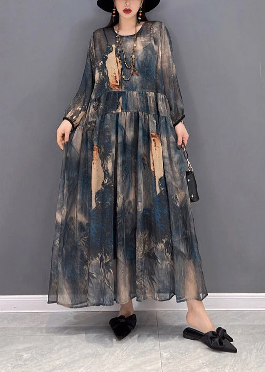 Exclusive Deals Online 2024 O-Neck Print Tulle Patchwork Wrinkled Chiffon Dresses Long Sleeve Artful Design