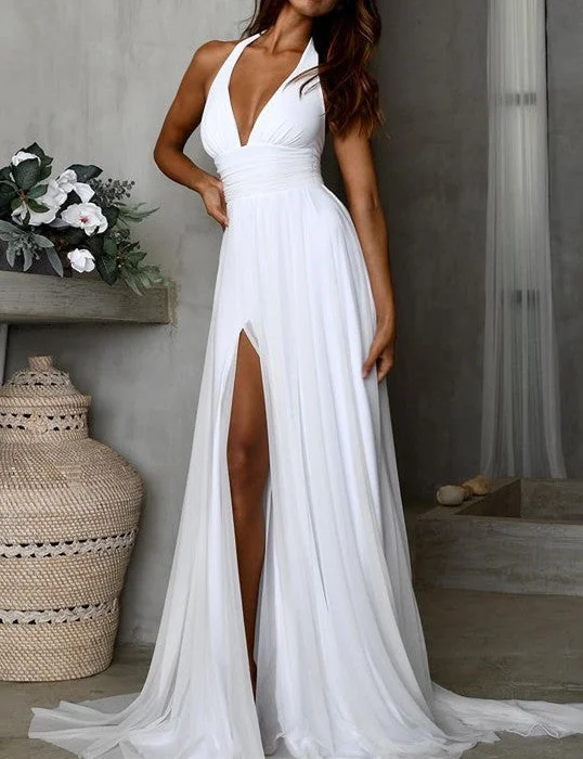 Classic Elegance Sales Simple Long Chiffon White Beach Minimalist Wedding Dresses Summer Maxi Dresses Floral Style