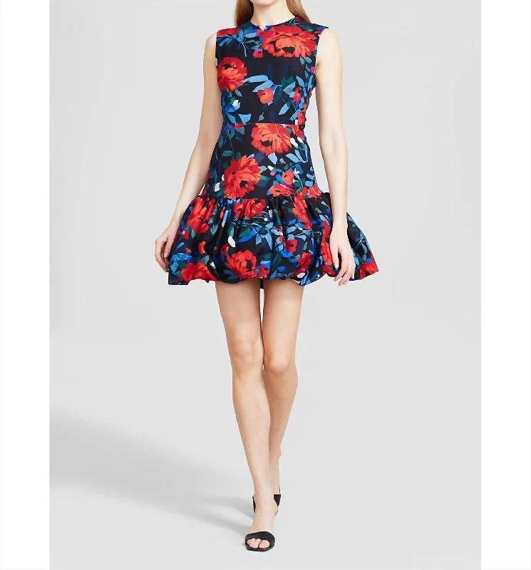 Stay Ahead In Style Floral Ottoman Bubble Hem A-Line Dress In Black/multi/floral Polished Finish