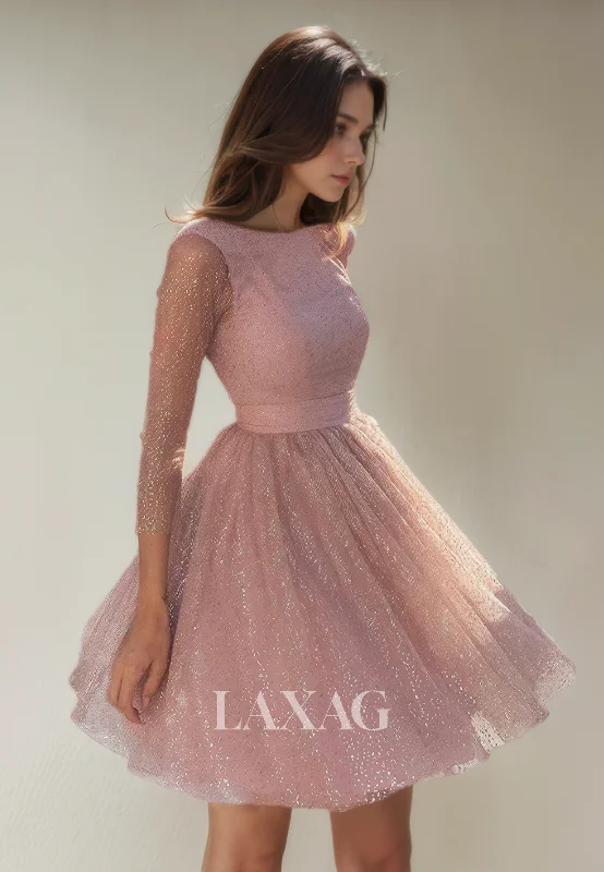 Absurdly Cheap Sale A-Line Bateau Long Sleeves Open Back Glitter Tulle Party Homecoming Dress Today Only