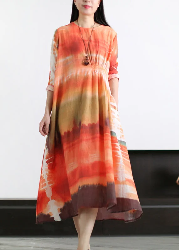 Seize Bargains Beautiful Orange O-Neck Wrinkled Asymmetrical Linen Dress Long Sleeve Grab Romantic Date - Night Styles Now