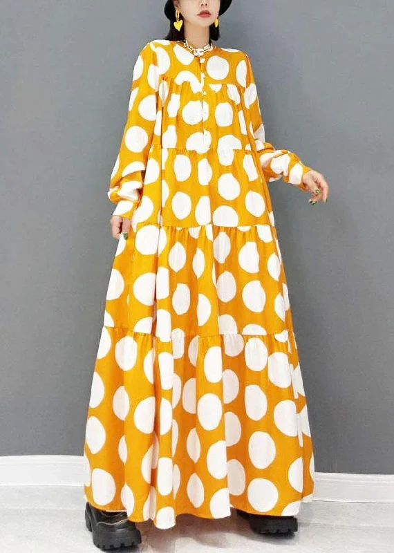 Catch Every Fashion Trend Fashion Yellow Button Print Fall Long Sleeve Holiday Dress Exquisite Craftsmanship