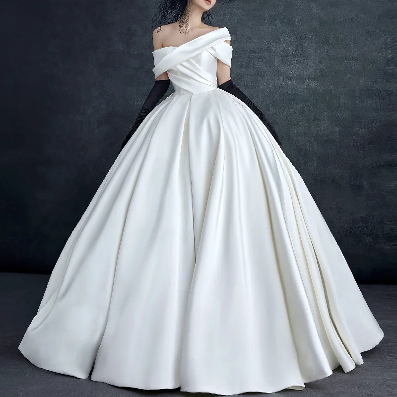 Athleisure Style Sale Off the Shoulder Satin Wedding Dress With Ruching Ball Gown Skirt Summer Fashion